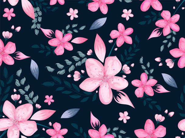 Beautiful pink cherry blossom spring flower on blue bg, Spring summer background. Textile design use for fabric etc. - Vektör, Görsel