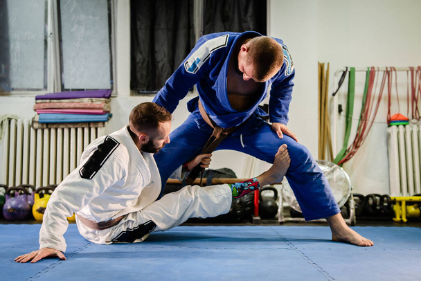 Brazilský Jiu Jitsu BJJ bojová umění trénink sparring na akademii dva bojovníci sedět de la riva strážní pozice vyvrtávání techniky cvičit v gi kimono držení hnědý pás - Fotografie, Obrázek