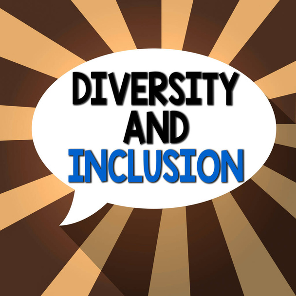 Text sign showing Diversity And Inclusion. Conceptual photo range difference includes race ethnicity gender Blank Oval Shape Speech Bubble in solid Color and shadow Burst background. - Photo, Image