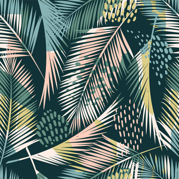 Abstract creative seamless pattern with tropical plants and artistic background. - Wektor, obraz