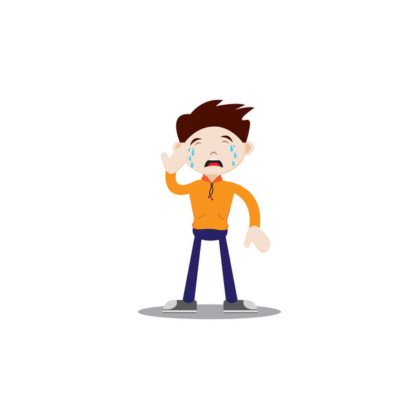 The boy standing up is crying. Wearing an orange jacket, navy blue pants and sneakers. Flat character illustration isolated on white background. - Vector, Image