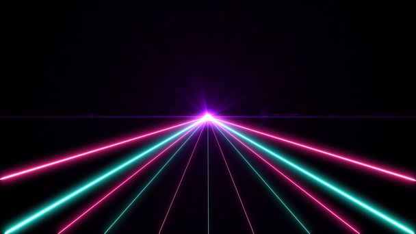 Stile cyberpunk retrò anni '80. Astratto neon colore luce partito brillare lente luminosa su sfondo nero. Laser show design colorato per banner pubblicitari tecnologie
 - Foto, immagini