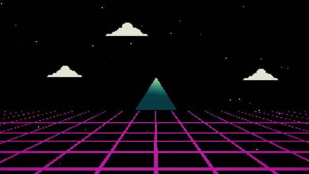 Retro Cyberpunk Stil 80er Jahre Spielszene Pixelkunst 8-Bit Sci-Fi-Hintergrund. Futuristisch mit Lasergitterlandschaft. Digitaler Cyber-Oberflächenstil der 1980er Jahre. 3D-Illustration - Foto, Bild