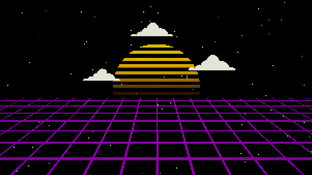Ретро-киберпанк в стиле 80-х годов, 8-битный sci-fi фон. Футуристический ландшафт с лазерной сеткой. Digital cyber surface style of the 1980 's. 3D иллюстрация
 - Фото, изображение