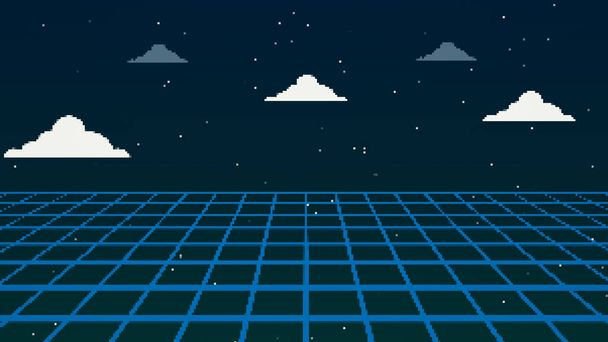 Retro cyberpunk estilo 80 cena do jogo pixel art 8-bit fundo sci-fi. Futurista com paisagem de grade laser. Estilo de superfície cibernética digital da década de 1980. Ilustração 3D
 - Foto, Imagem