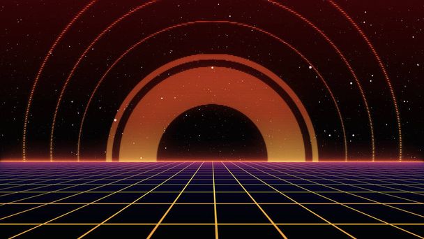 Rétro années 80 Science-fiction Arrière-plan Futuristic Grid paysage. Style de cyber surface numérique des années 1980. Illustration 3D 3
 - Photo, image