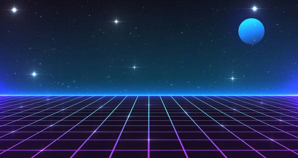 Retro Sci-Fi Background Futuristic Grid landscape of the 80 's. Цифровая киберповерхность. Подходит для дизайна в стиле 1980-х годов. 3D иллюстрация - Фото, изображение