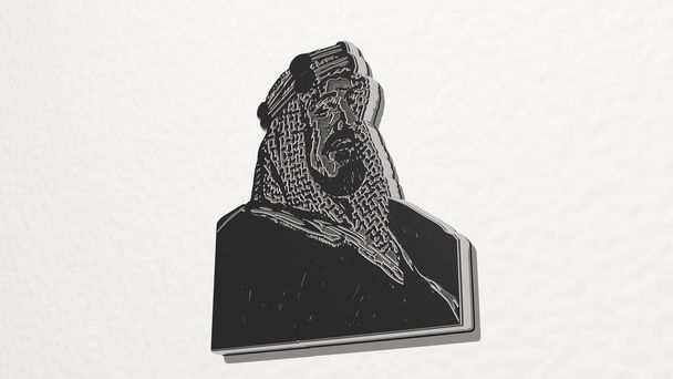 muotokuva arabista, joka on tehty 3D-kuvituksella kiiltävästä metallisesta veistoksesta kevyellä taustalla olevalla seinällä
 - Valokuva, kuva