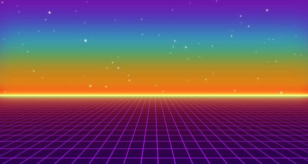 80s Retro Sci-Fi Pozadí futuristické Mřížka krajiny. Digitální kybernetický povrchový styl 80. let. 3D ilustrace - Fotografie, Obrázek