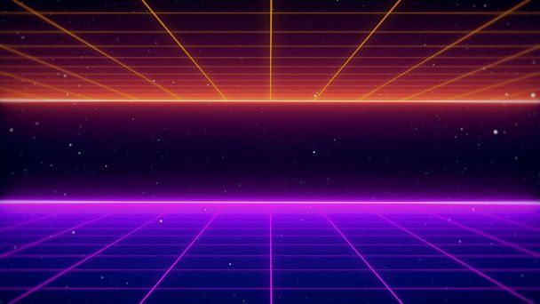80s Retro Sci-Fi Pozadí futuristické Mřížka krajiny. Digitální kybernetický povrchový styl 80. let. 3D ilustrace - Fotografie, Obrázek