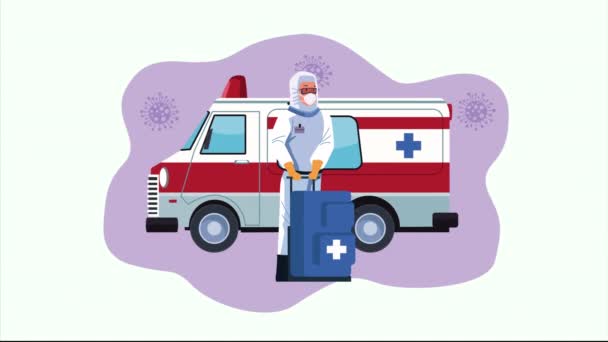 trabajador de bioseguridad con equipo médico y ambulancia covid19 control
 - Imágenes, Vídeo
