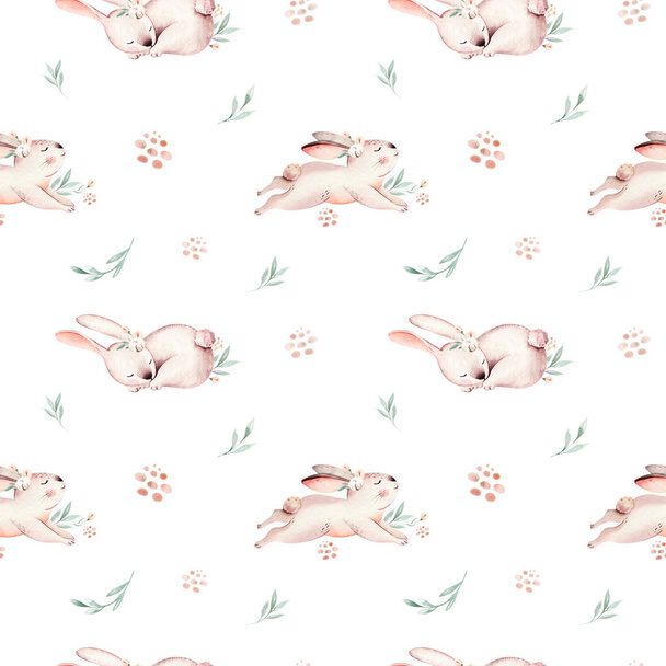 Cute baby rabbit animal seamless Easter pattern pussy-willow, forest bunny illustration for children clothing. Nursery Wallpaper background Woodland watercolor Hand drawn image for cases design - Foto, imagen