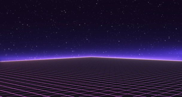 Retro Sci-Fi Antecedentes Futuristic Grid paisaje de los años 80. Superficie cibernética digital. Adecuado para el diseño en el estilo de la década de 1980. Ilustración 3D - Foto, Imagen