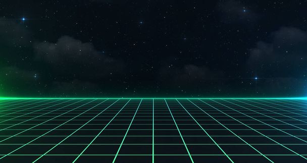 Retro Sci-Fi Background Futuristic Grid landscape of the 80 's. Цифровая киберповерхность. Подходит для дизайна в стиле 1980-х годов. 3D иллюстрация - Фото, изображение
