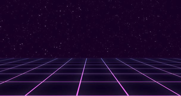 Retro Sci-Fi Antecedentes Futuristic Grid paisaje de los años 80. Superficie cibernética digital. Adecuado para el diseño en el estilo de la década de 1980. Ilustración 3D - Foto, imagen