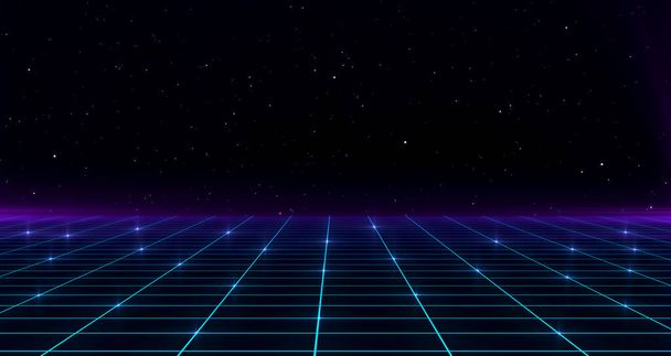 Retro Sci-Fi Pozadí Futuristická Mřížka krajiny 80. let. Abstrakt Digital Cyber Surface. Design ve stylu 80. let. 3D ilustrace - Fotografie, Obrázek