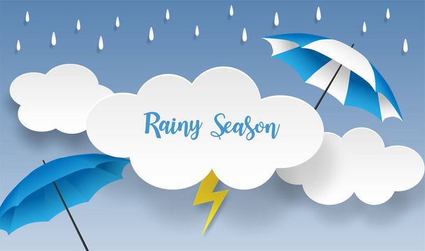 Rainy season. design with raining drops, umbrella and clouds on blue background. vector. - Vector, Image