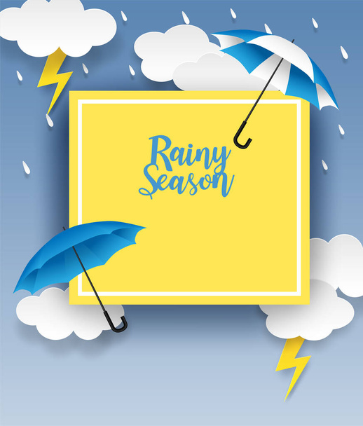Εποχή βροχής. σχέδιο με σταγόνες βροχής, ομπρέλα και σύννεφα σε μπλε φόντο. διάνυσμα. - Διάνυσμα, εικόνα