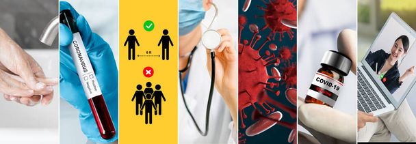 Coronavirus COVID-19 news story summary photo set in concept of covid-19 effects to people life behavior, economy, social and medical service cause by a outbreak of 2019 coronavirus disease. - Фото, зображення
