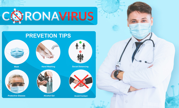 Covid-19コロナウイルス予防のヒントは、 Covid-19の感染から安全に保つために使用されます。アドバイスには、社会的距離、顔のマスクを着用し、コロナウイルスを消毒する衛生上のケアが含まれます。. - 写真・画像