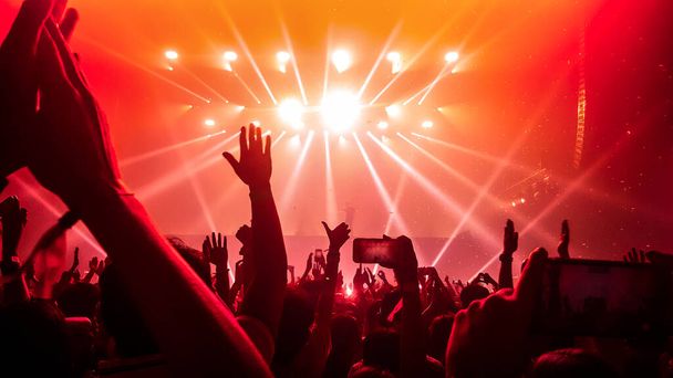 Happy people dance in nightclub DJ party concert and listen to electronic dancing music from DJ on the stage. Silhouette cheerful crowd celebrate New Year party 2020. People lifestyle DJ nightlife. - Photo, Image