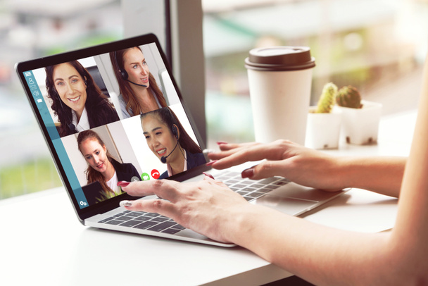 Video call business people meeting on virtual workplace or remote office. Telework conference call using smart video technology to communicate colleague in professional corporate business. - Photo, Image