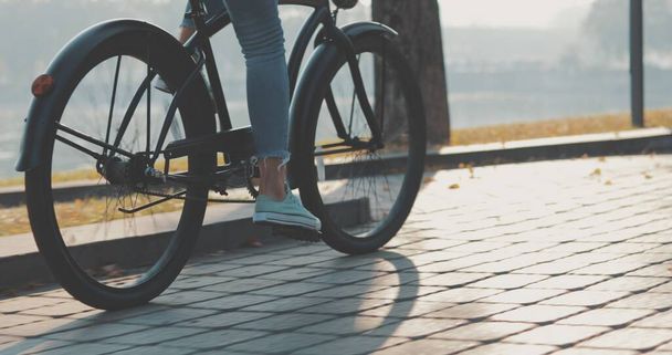 woman or girl riding bicycle through promenade - 写真・画像