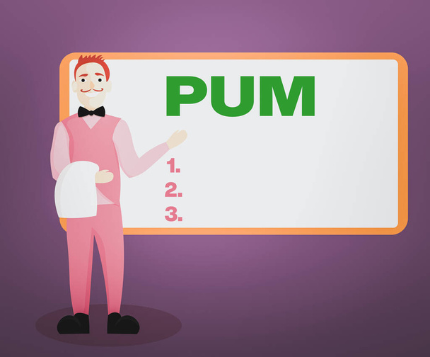 Kirjoitan muistilappua, jossa näkyy Pum. Business valokuva esittelee toivottuja muutoksia, jotka voidaan suorittaa laillisia sovelluksia Male Waiter Standing in Uniform Hand Presenting Menu Board. - Valokuva, kuva