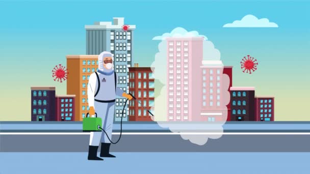 Biosicherheitshelfer mit Desinfektionsgeräten zur Covid19-Kontrolle der Stadt - Filmmaterial, Video