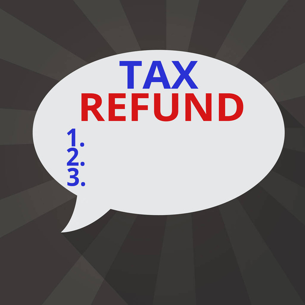 Handwriting text writing Tax Refund. Concept meaning refund on tax when the tax liability is less than the tax paid Blank Oval Shape Speech Bubble in solid Color and shadow Burst background. - Photo, Image