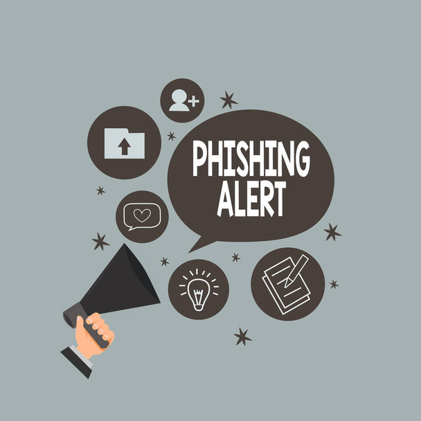 Text sign showing Phishing Alert. Conceptual photo aware to fraudulent attempt to obtain sensitive information Hu analysis Hand Holding Megaphone Talking Different Topic and Speech Bubble. - Photo, Image