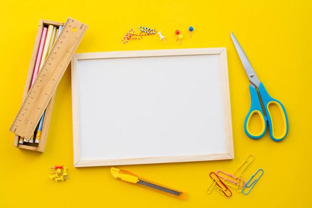 white copy space on yellow background with pencil and school concept. - Foto, Bild