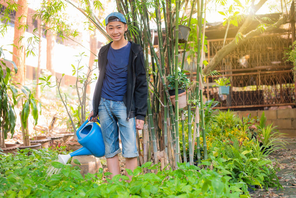 A young Asian high school boy is using a holiday for planting trees , gardening to make good use of his free time to earn money while studying. - Photo, Image