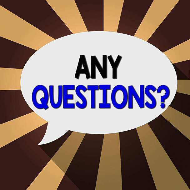Text sign showing Any Questions Question. Conceptual photo you say write order to ask an individual about something Blank Oval Shape Speech Bubble in solid Color and shadow Burst background. - Photo, Image