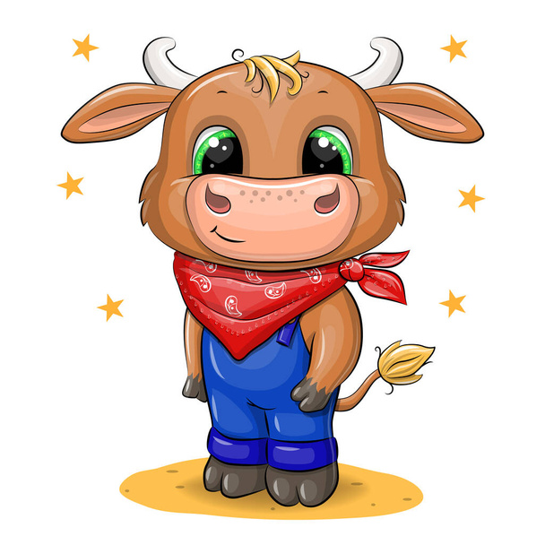 Cute cartoon little baby bull in red cowboy scarf. Vector illustration of an animal isolated on white. - Vector, Image