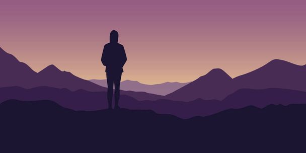 menina solitária desfrutar da vista da montanha na paisagem roxa
 - Vetor, Imagem