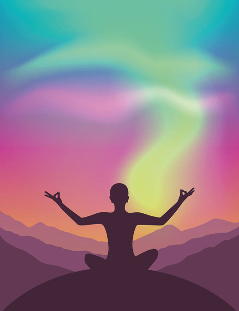 meditación pacífica en la vista de la montaña con hermosas luces polares en el cielo colorido
 - Vector, Imagen