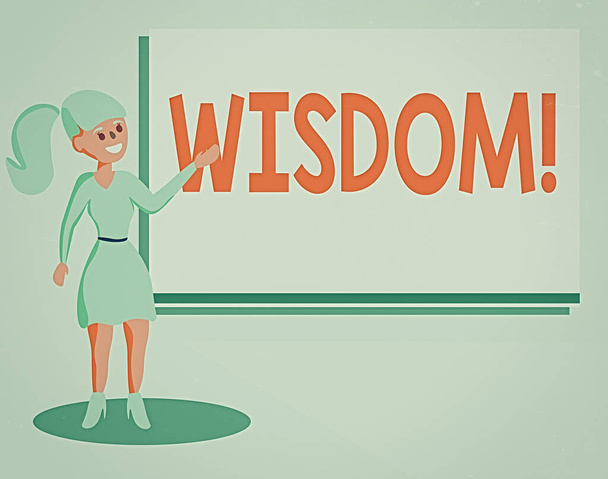 Text sign showing Wisdom. Conceptual photo the ability to use your knowledge and experience to make decisions Wo analysis Standing Talking Hand Presenting Audio Visual Blank Projector Screen. - Photo, Image