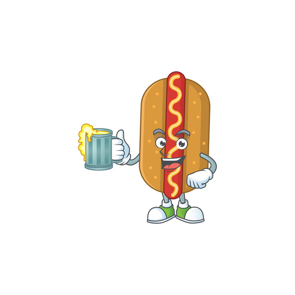 A cheerful hotdog cartoon mascot style toast with a glass of beer. Vector illustration - Vektor, Bild