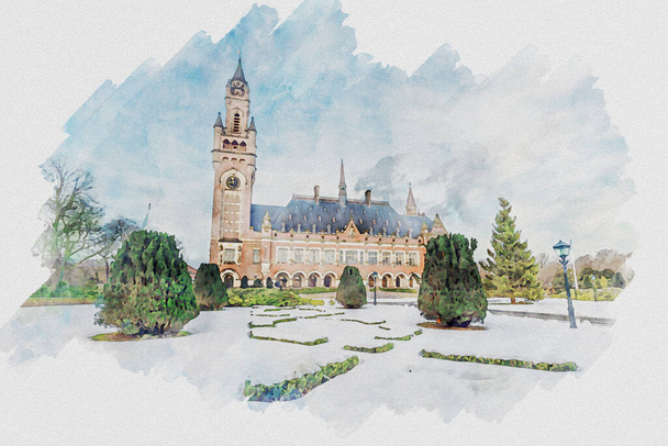Image filtrée par ordinateur imitant la peinture à l'aquarelle du Palais de la Paix, siège de la Cour internationale de Justice à La Haye, Pays-Bas
 - Photo, image