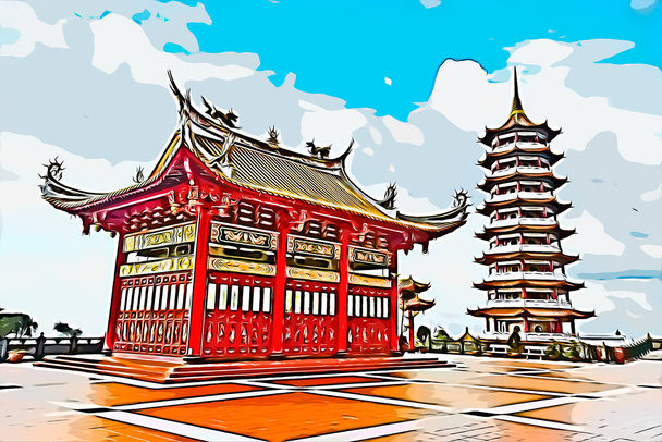 Tietokonepohjainen kuva punaisesta kiinalaisesta pagodista tai temppelistä korkealla vuorella pilvisen taivaan alla
 - Valokuva, kuva
