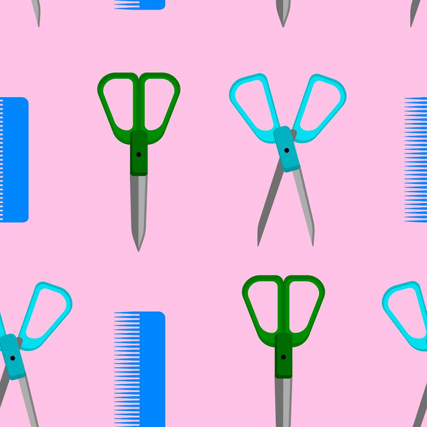 Seamless background, scissors and comb. Vector illustration flat design. - Vector, Image
