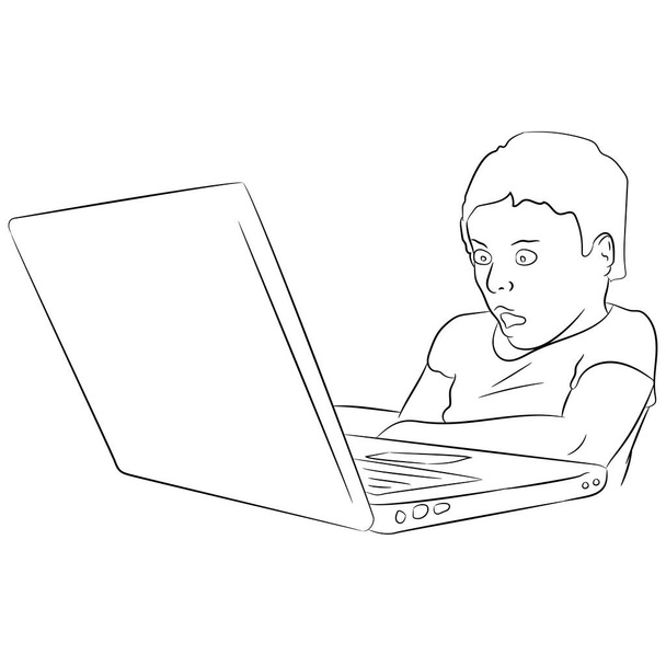 Vector illustration flat design. Astonished boy looking at a laptop. - Vector, Image