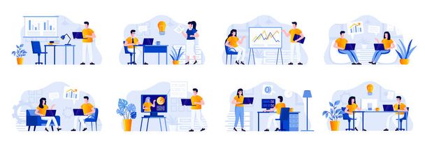 Business meeting scenes bundle with people characters. Manager making presentation, teamwork of colleagues in company situations. Corporate partnership and leadership flat vector illustration - Vector, Image