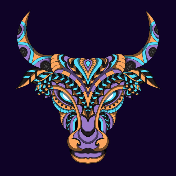 Stylized cow in ethnic vector dark background - Vector, Image