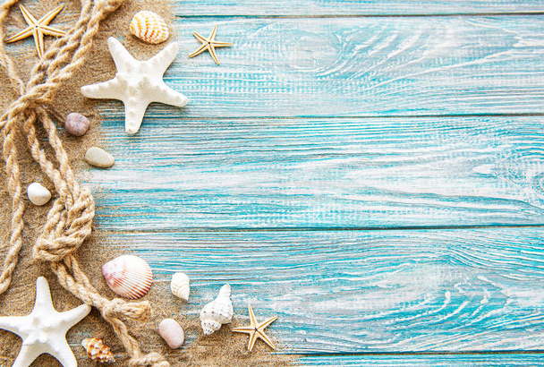 Seashells on sand. Sea summer vacation background with space for the text. Top view - Foto, afbeelding