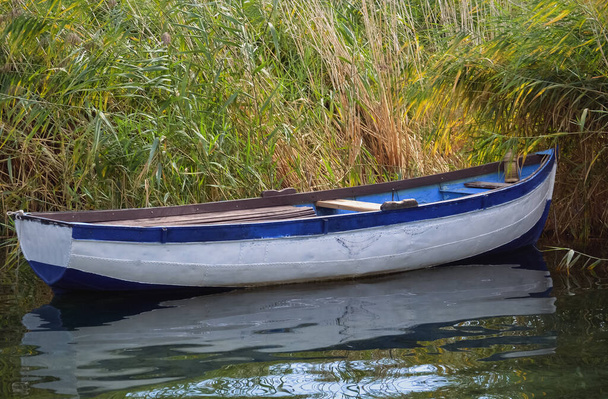 湖に浮かぶ小さな漁船と密な葦  - 写真・画像