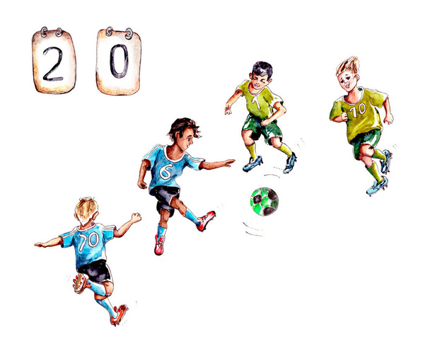 handgezeichnete Aquarell-Illustration. eine Reihe von Charakteren von Fußballspielern, Jungen in Fußballuniformen aus verschiedenen Mannschaften spielen Fußball mit einem grünen Ball. isoliert auf weißem Hintergrund - Foto, Bild