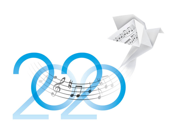 Musikjahr 2020 mit Noten. Inschrift 2020 mit wellenförmigen Noten. Vektor verfügbar. - Vektor, Bild