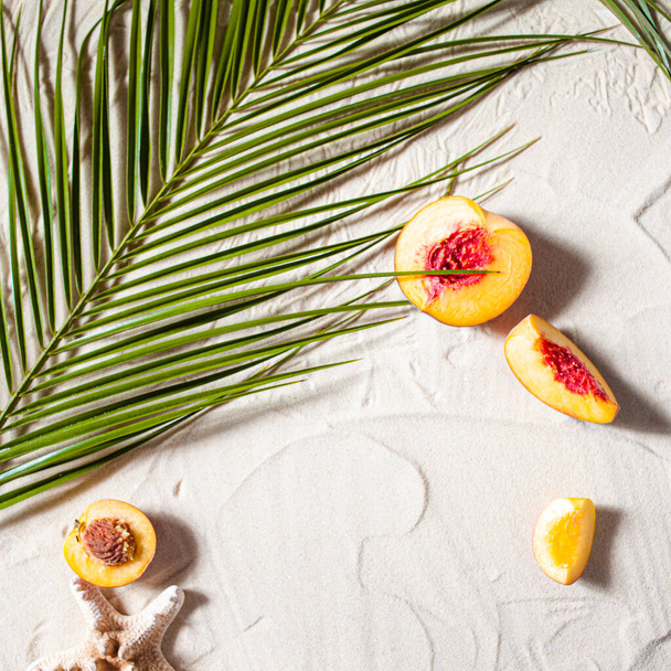 Beach vacation. A palm leaf, starfish, and white tree branch and juicy fruits lie on white fine sand. Desktop wallpaper. - Фото, изображение